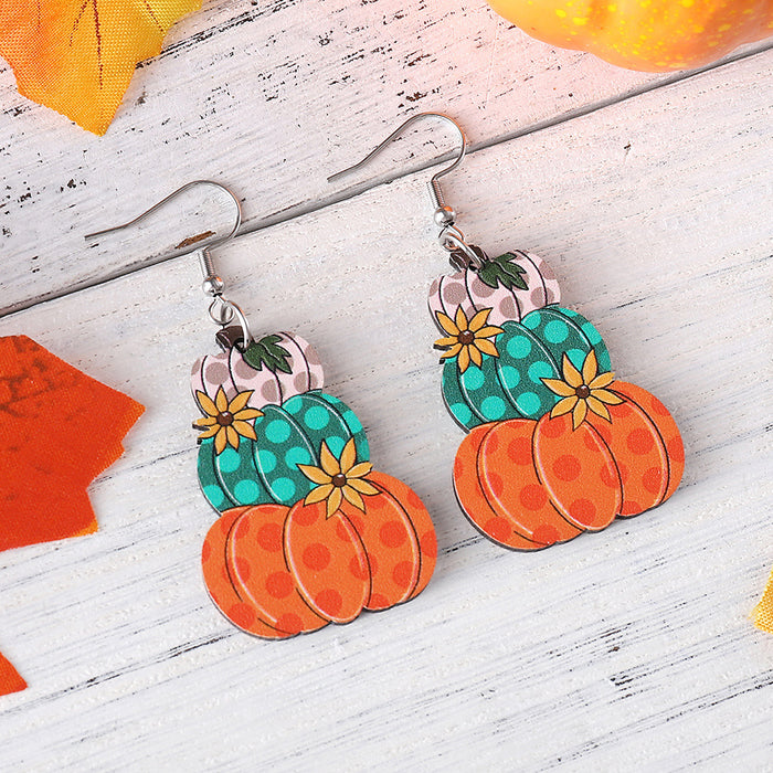 Wholesale Thanksgiving Autumn Harvest Polka Dot Plaid Pumpkin Flower Pendant Earrings Wooden Double-Sided Earrings
