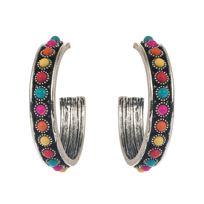 Wholesale Large C-shaped alloy statement earrings set with white and turquoise