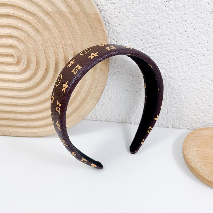 Wholesale Retro temperament headband leather color printed grid wide edge headband hair accessory simple face washing pressure hair accessory hair clip