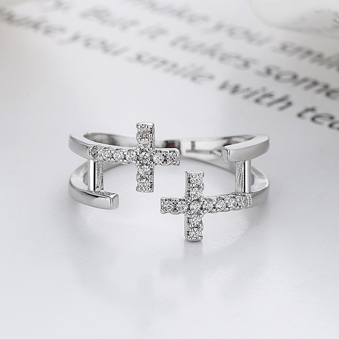 Wholesale Personalized double-layer cross ring with diamond inlay and versatile opening, light luxury