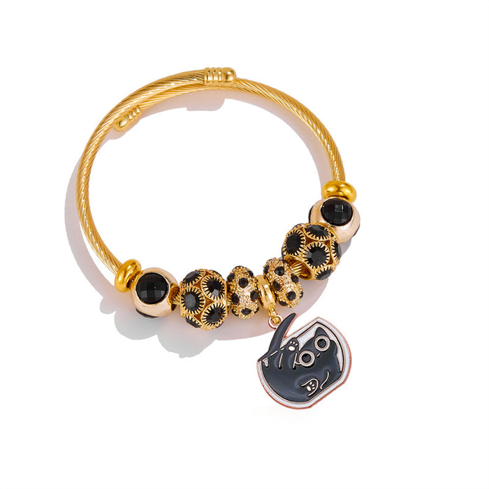 Wholesale Cute Black Cat Design Stainless Steel Bead Bracelet Stylish Jewelry Accessory for Women