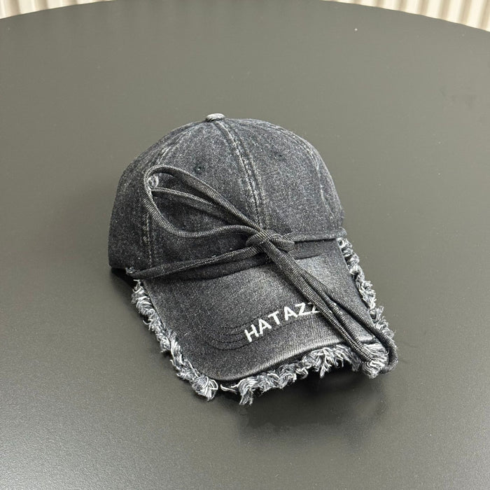 Wholesale Retro fringed denim baseball cap, soft top bow sun hat, sun protection duckbill cap