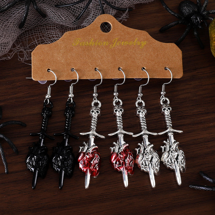 Wholesale Drip Oil Gothic Skull Earrings Set Sword Piercing Heart  Party Accessory