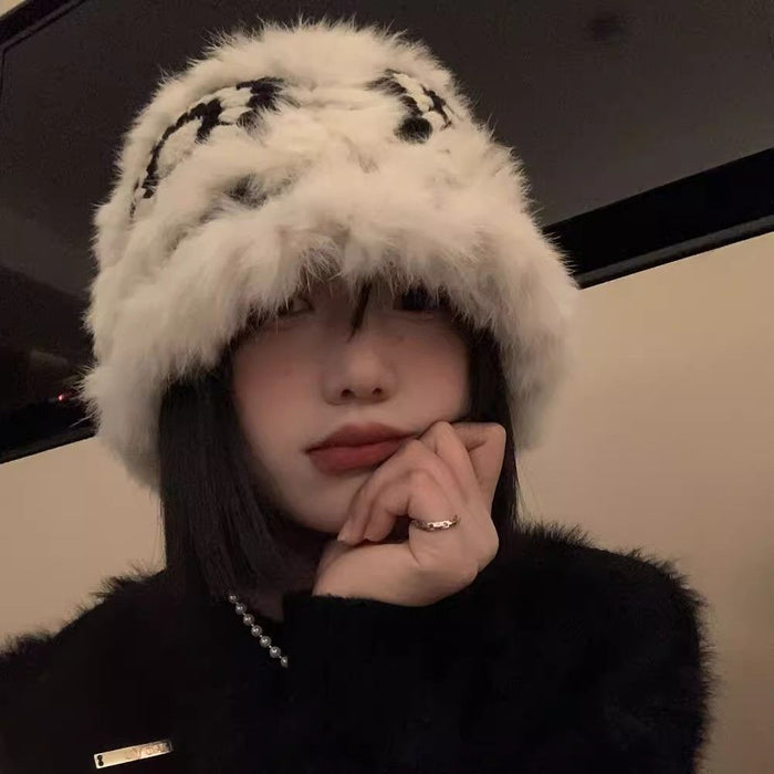 Wholesale Rabbit hair knitted plush hat for women in autumn and winter, new furry lion awakening fisherman hat, face enhancing small woolen hat