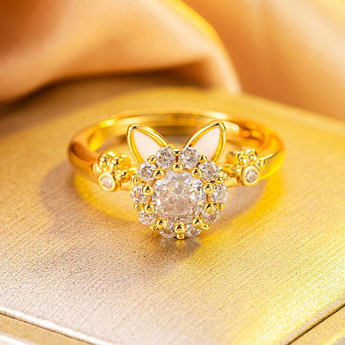Wholesale Rotating cat ring with cute animal shape design and zircon lucky cat ring with adjustable opening