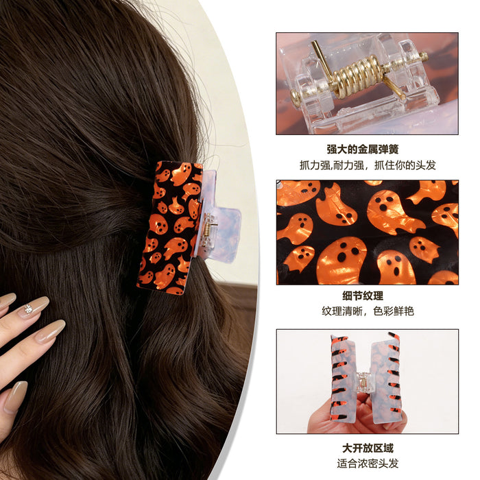 Wholesale Acrylic Hair Claw Clip For Women Ghost Skull Print Orange Black
