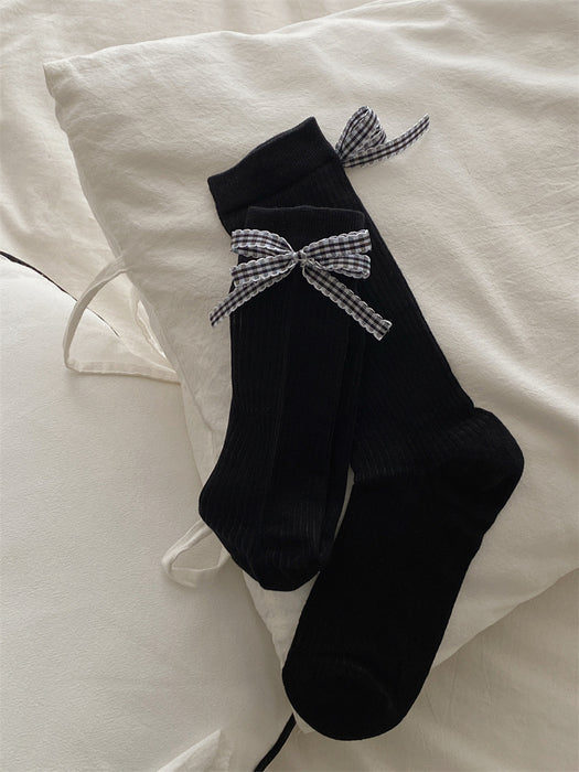 Wholesale Checkered bow, stacked socks, mid tube socks