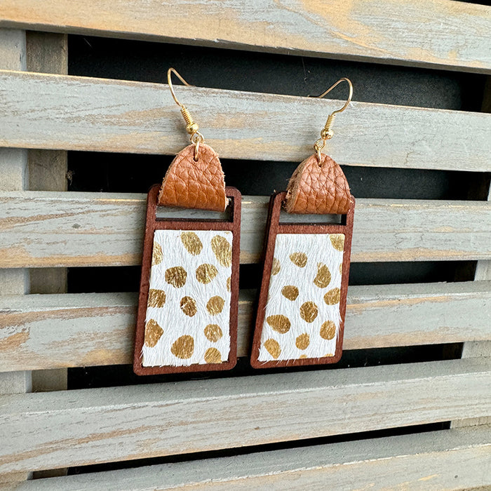 Wholesale Western genuine leather earrings Cow brand geometric hollow inlaid leopard print classic exaggerated earrings