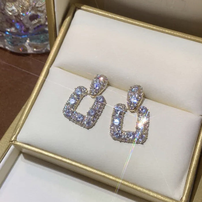 Wholesale Square earrings, retro Hong Kong style geometric light luxury crystal earrings, ladies' temperament earrings