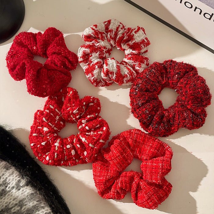 Wholesale New Year red large intestine hair ring New Year festive wool hair ring knitted rainbow light luxury hair rope hair ring