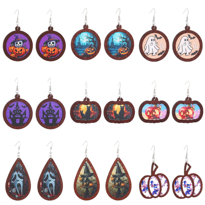 Wholesale Wooden Round Drop Earrings Castle Pumpkin Ghost Wizard Halloween Earrings
