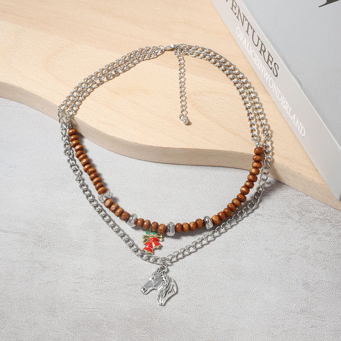 Wholesale Metal Chain Double-layer Stacked Horse Head Bell Pendant Women's Necklace