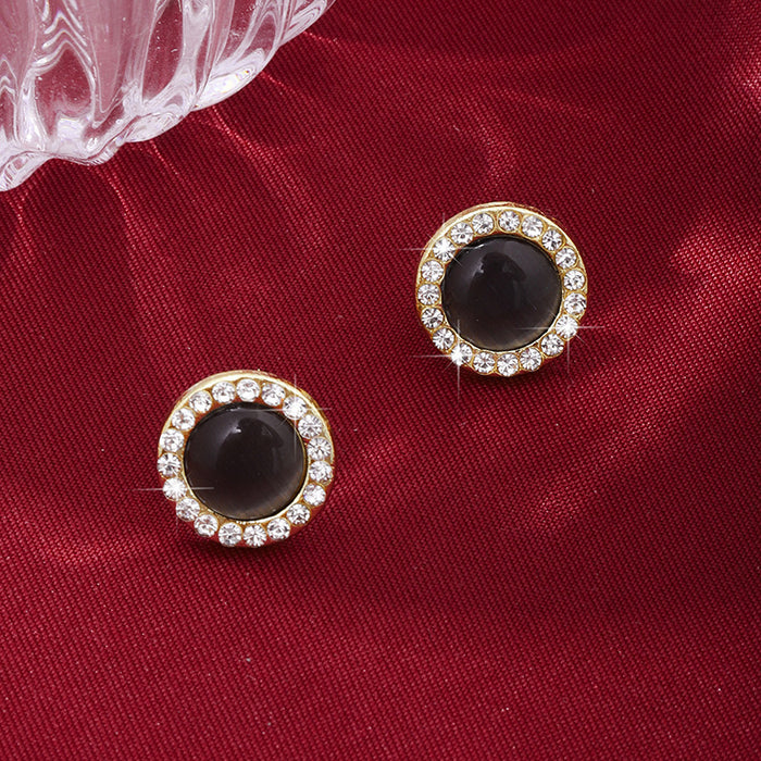 Wholesale Silver Needle Fashion Cat Eye Stone with Diamond and Pearl Earrings, High Grade Color Round Earrings, Wholesale