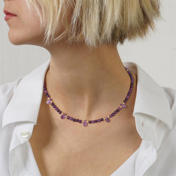 Wholesale 4mm stone round bead clavicle chain necklace with amethyst and turquoise
