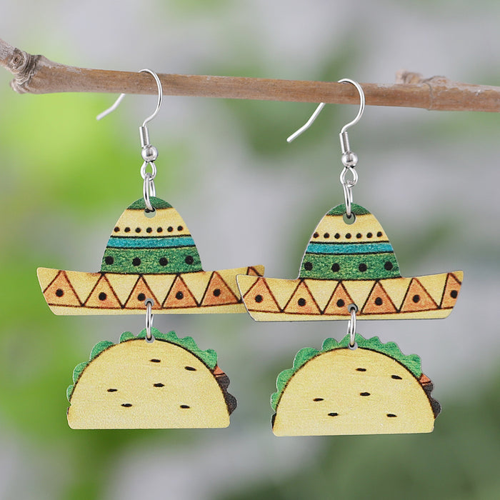 Wholesale Mexican Five-Five-Section Color Tortilla Straw Hat Pinata Color Pot Triple Double Wooden Double-Sided Earrings Jewelry