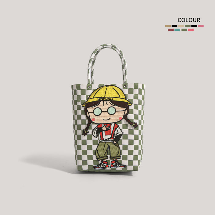 Wholesale  Plastic Woven Handbag Black Leather  Woven Vegetable Basket Handbag Handmade Bag