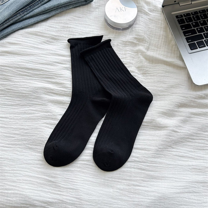 Wholesale Curled edge drawstring socks, stacked socks, middle tube cotton socks