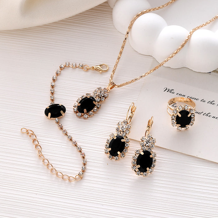 Wholesale Alloy Diamond Water Drop Oval Necklace Ring Bracelet Earrings Four-piece Set JDC-BT-ChaoKai004