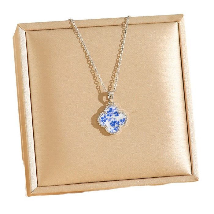 Wholesale 2pcs Gold Blue White Porcelain Four Leaf Clover Titanium Steel Pendant Necklace