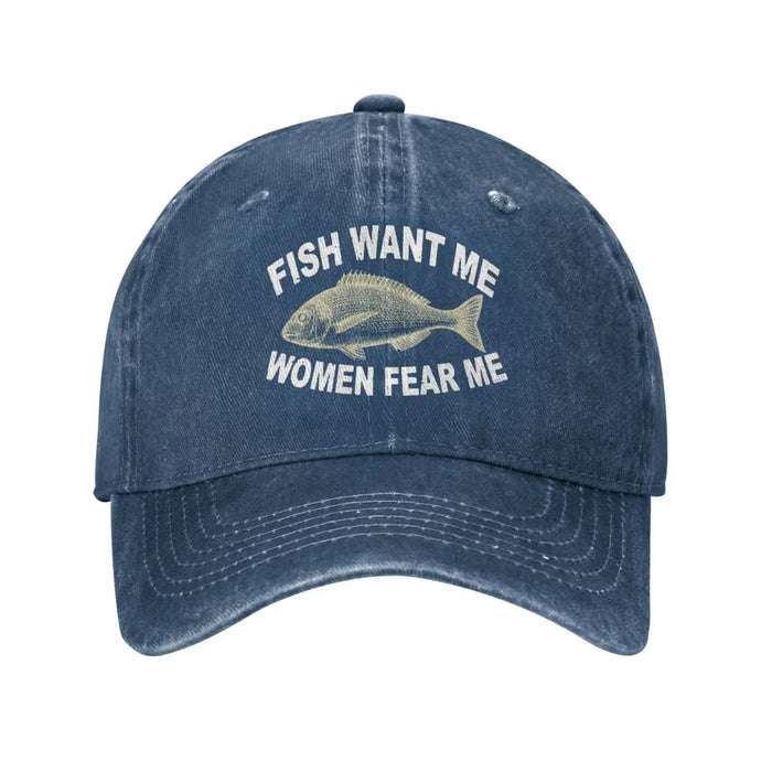 Wholesale Trendy Vintage Washed Baseball Cap Funny Fish Want Me Slogan Adjustable Black Sun Hat For Summer Parties Resale