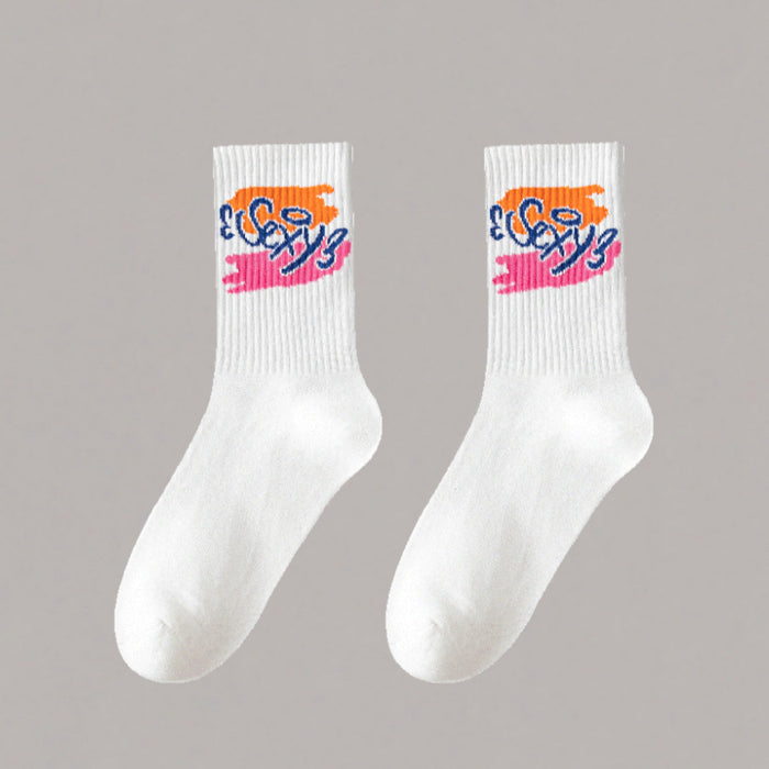 Wholesale 5pcs White socks men' s mid-calf socks autumn and winter basketball socks couple stockings black and white sports socks