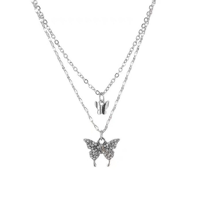 Wholesale Diamond studded bow pendant, water wave chain necklace, simple accessory, double-layer layered collarbone chain