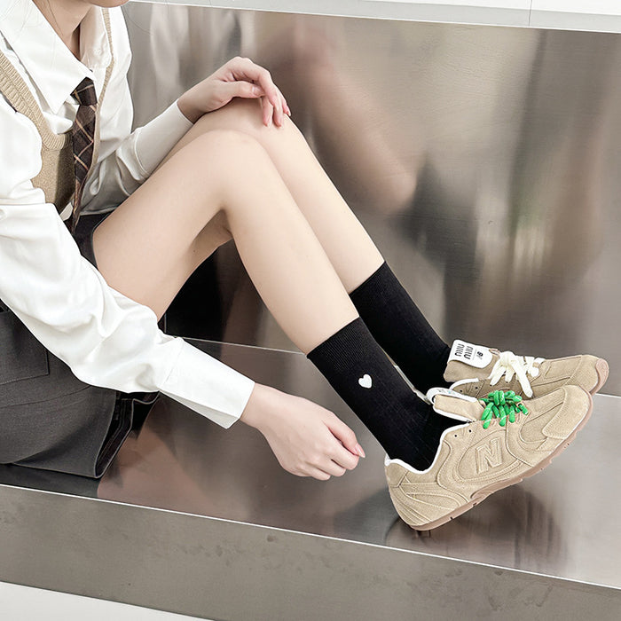 Wholesale Socks with rolled edges, embroidered hearts, simple vertical stripes, versatile stacking socks