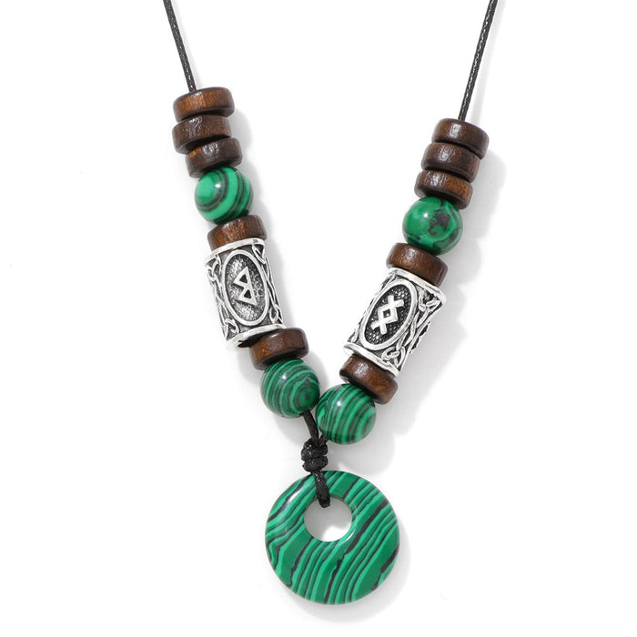 Wholesale Viking symbol necklace with stone pendant safety clasp and wooden beads