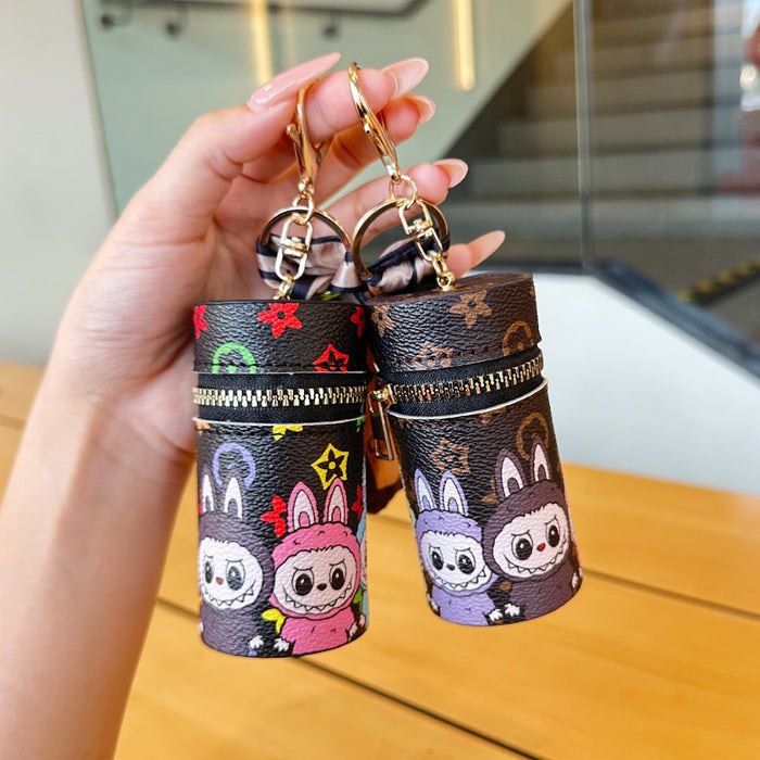 Wholesale Cartoon Lipstick Bag Cylindrical Cosmetic Pouch with Zipper Keychain