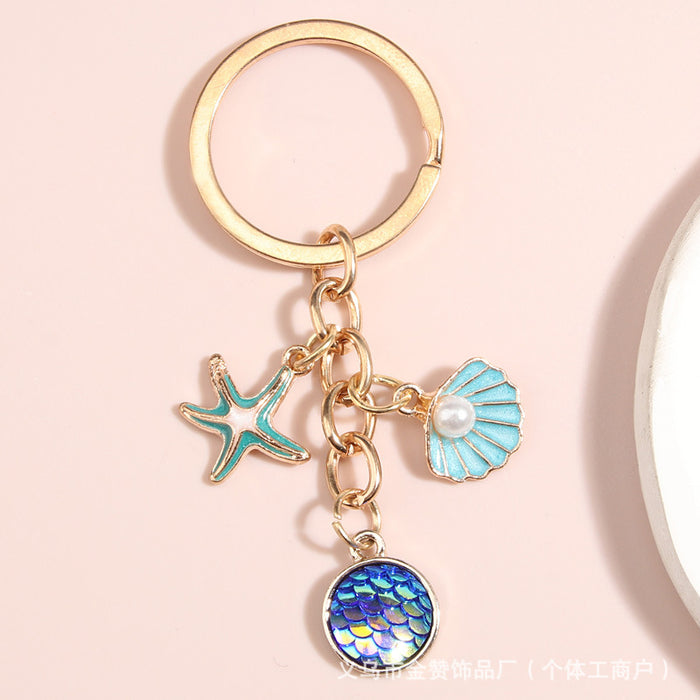 Wholesale Ocean shell keychain alloy oil drop pearl starfish pendant girls bag car ornaments small gift
