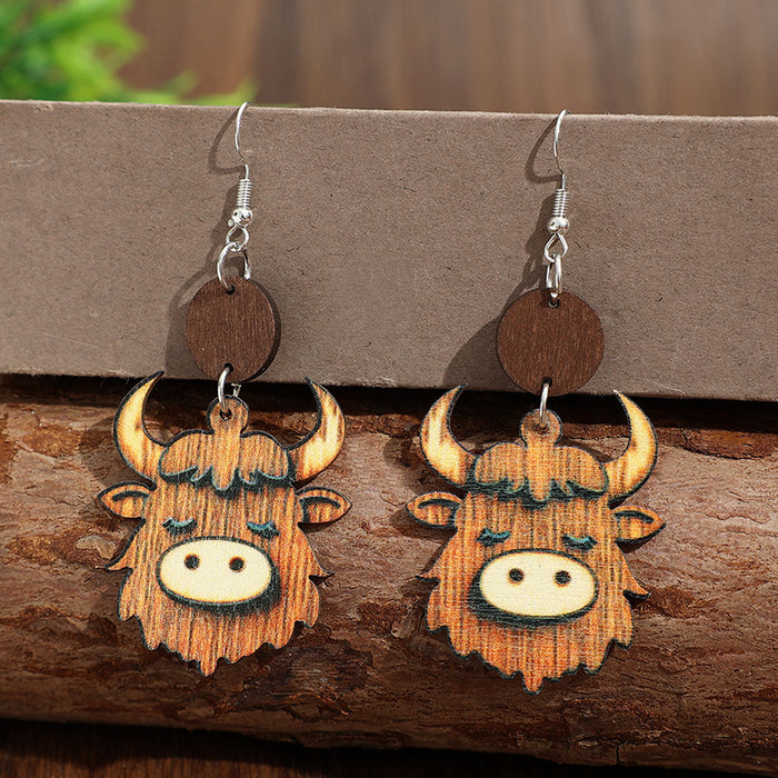 Wholesale Ox-Head Mountain Ox Personality Pendant Earrings — Double-Sided Wooden Jewelry