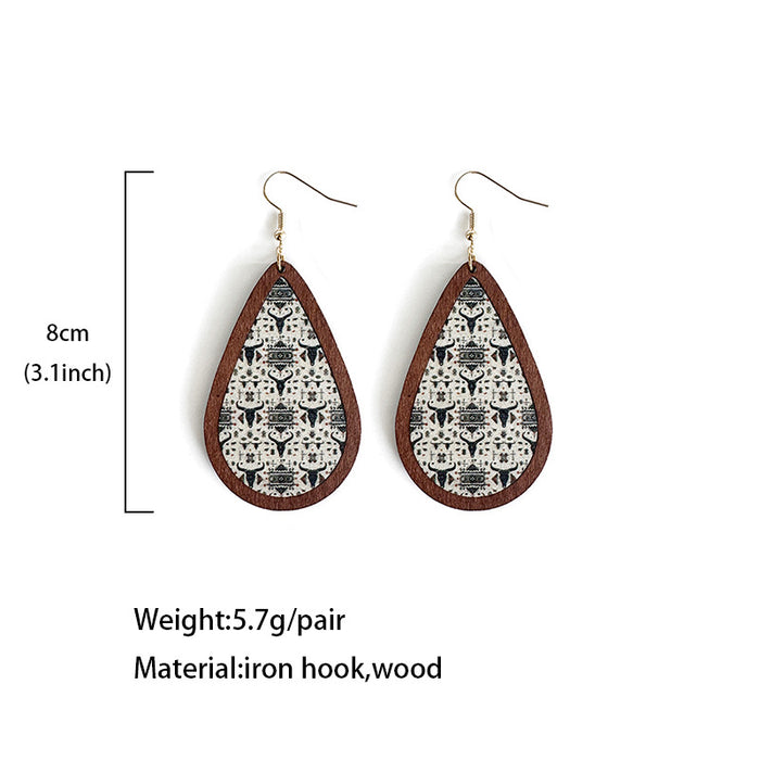 Wholesale Aztec ethnic style wood earrings water drop printing retro texture
