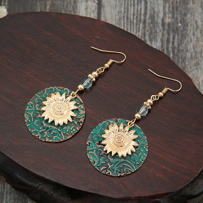 Wholesale New retro color separated double-layer sunflower pattern earrings, retro fashion earrings