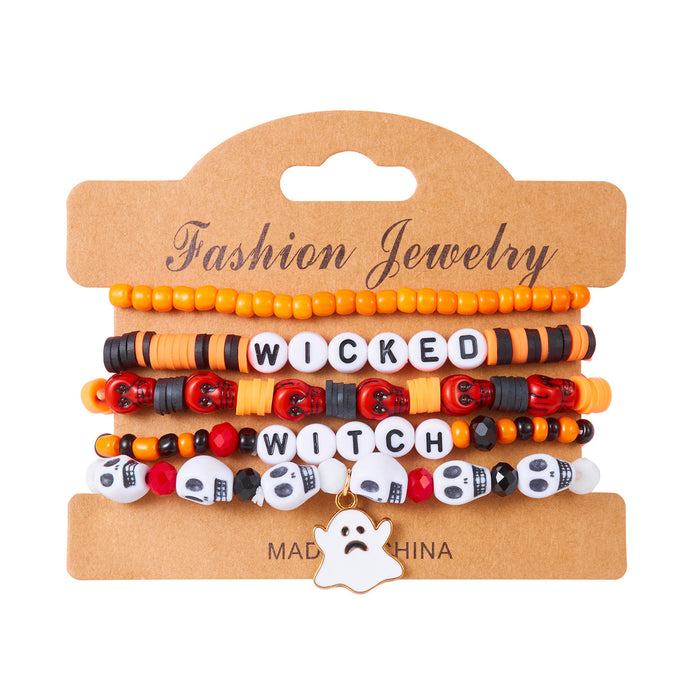 Wholesale All-match mixed color rice bead hand-dressed  pumpkin ghost bat soft ceramic crystal bracelet stacking set
