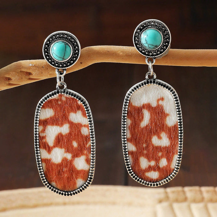 Wholesale Retro Western style turquoise decorated cow pattern earrings