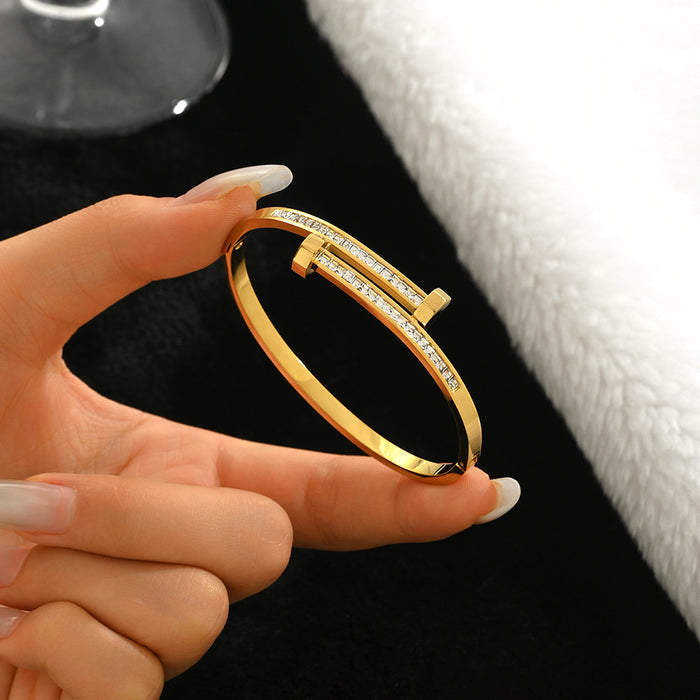 Wholesale Stainless Steel Botanical-Themed Gold-Tone Bangle Set with Rhinestones