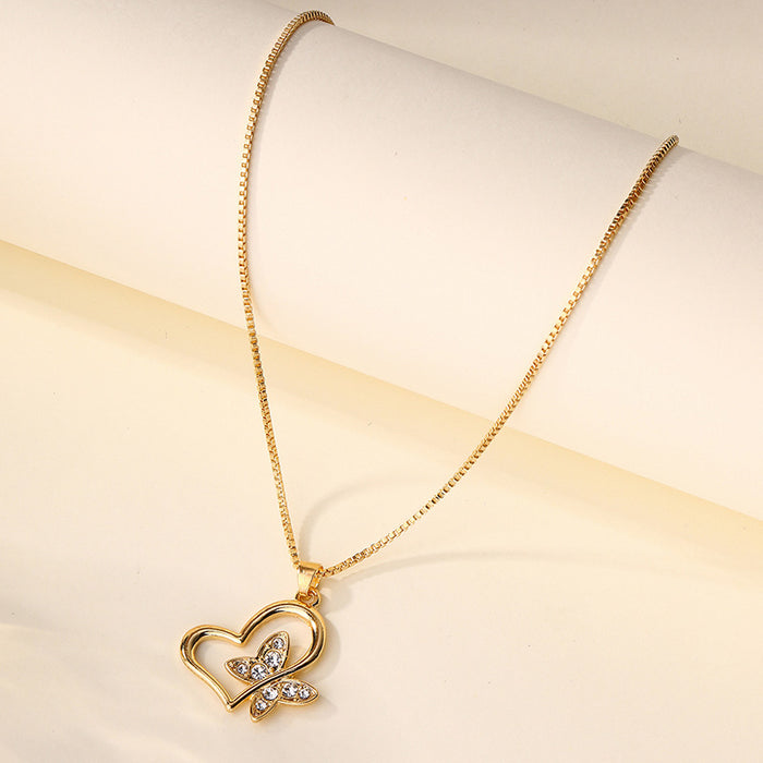 Wholesale Fashion jewelry with diamond studded alloy pendant, ladies' love butterfly necklace, collarbone chain