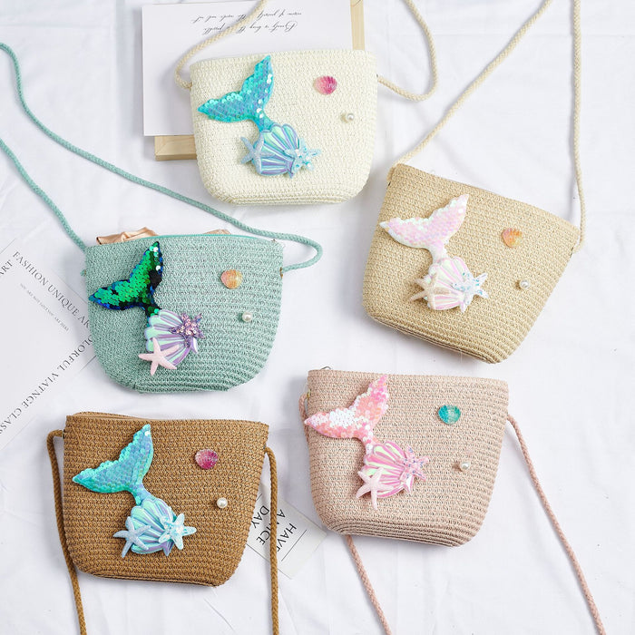 Wholesale Straw Mermaid Crossbody Bag for Girls Cute Summer Beach Purse Resale Gift