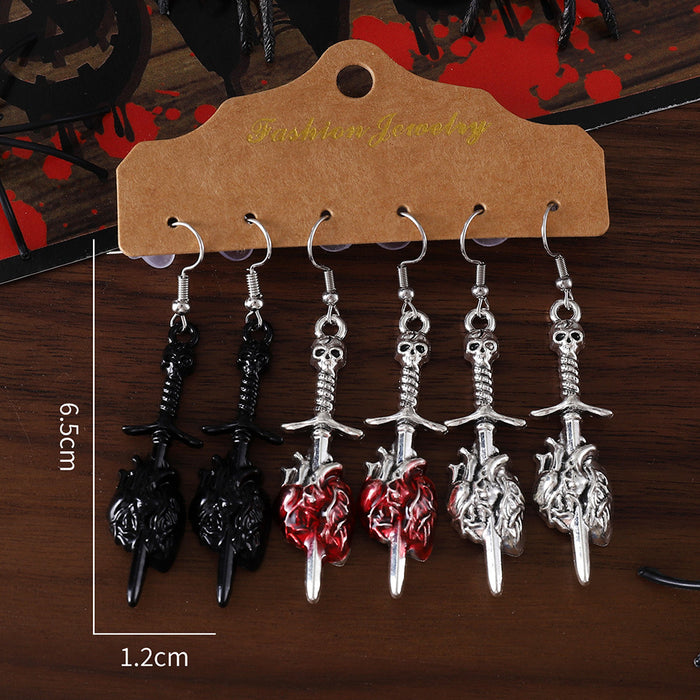 Wholesale Drip Oil Gothic Skull Earrings Set Sword Piercing Heart  Party Accessory