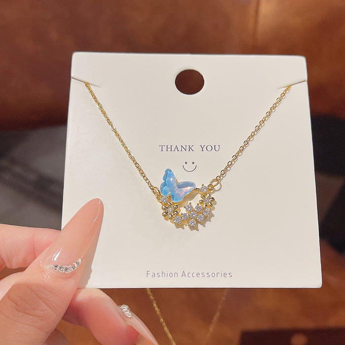 Wholesale New butterfly necklace with high-end and niche design, light luxury zircon stamen collarbone chain, titanium steel color not fading accessories