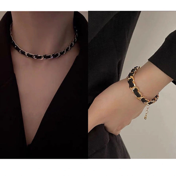 Wholesale Retro high-end neck chain, fashionable niche leather woven necklace, women's collarbone chain