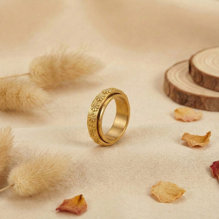 Wholesale Rotatable Gold Ring with 3D Plum Blossom Relief