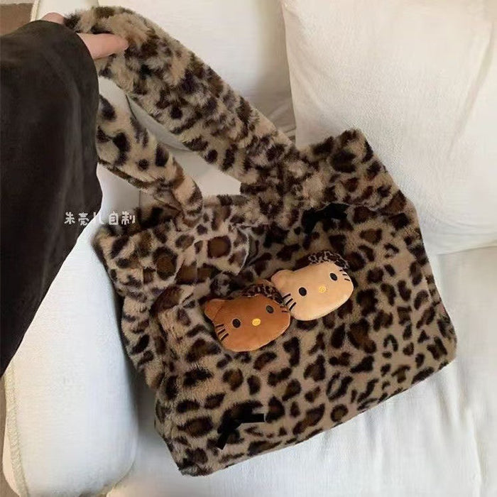 Wholesale Cartoon Printed Plush Bag Women's Autumn and Winter Lazy Large Capacity Leopard Print Shoulder Bag