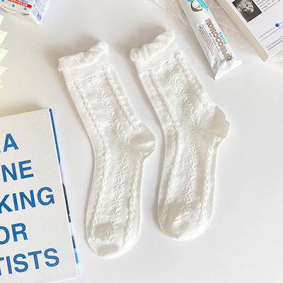 Wholesale New rolled edge socks, mid length socks, cute cotton pure long socks