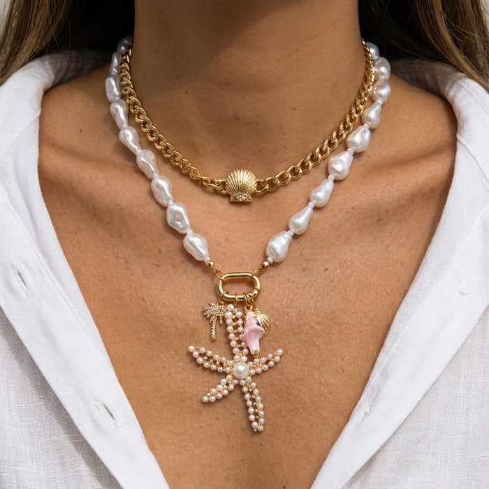 Wholesale Trendy Ocean- Layered Necklace Alloy Starfish and Shell Pendant Choker