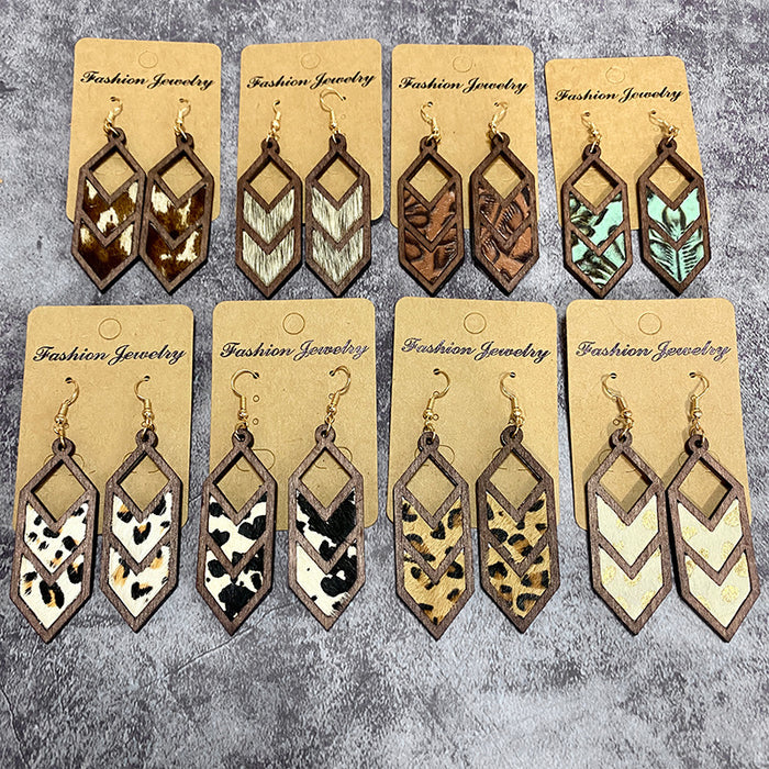 Wholesale Leopard print cow pattern genuine leather earrings Western geometric inlaid earrings hollow earrings