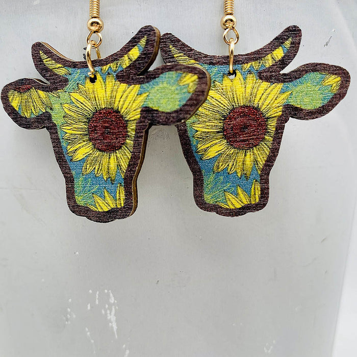 Wholesale Retro Wooden Earrings Western Denim Series Cowhead Sunflower Boho Earrings