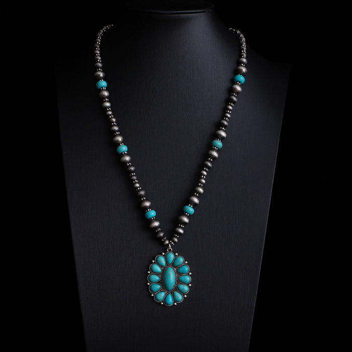 Wholesale Retro ethnic style turquoise necklace Western cowboy style stacking necklace high-end Bohemian sweater chain