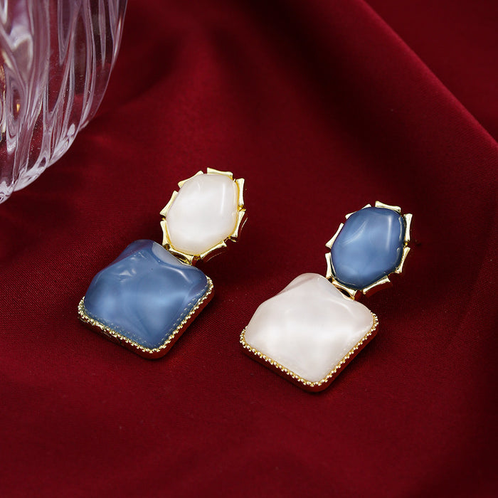 Wholesale Color blocking water ripple retro geometric square unique light luxury design earrings