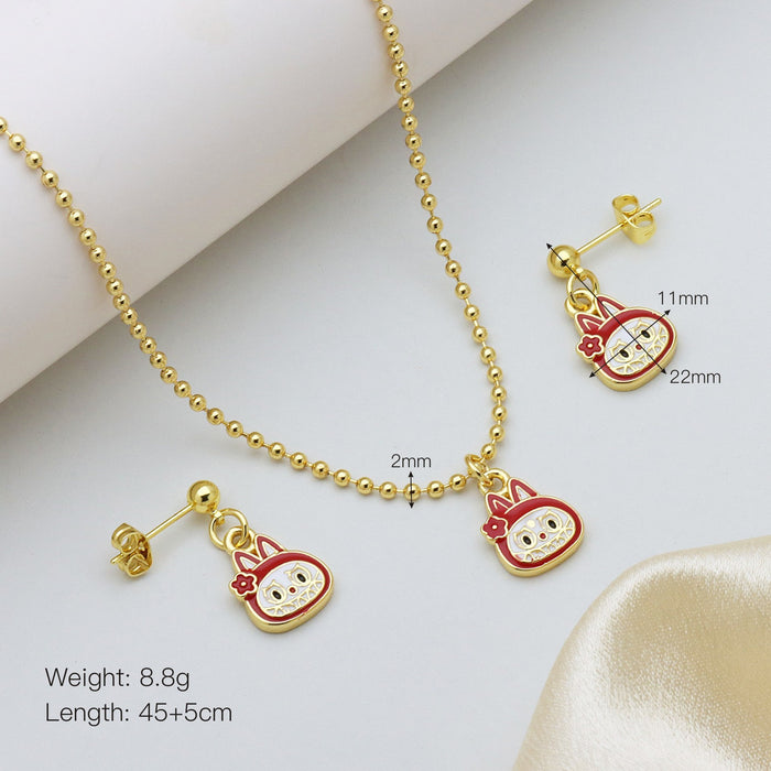 Wholesale Cartoon Pendant Necklace Ball Chain Brass Oil Drop Cute Earrings Lucky Cat Set